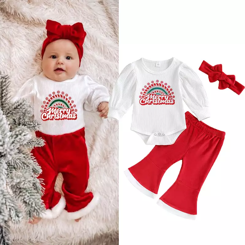 2 Pieces Set Baby Girls Christmas Letters Rompers And Solid Color Pants Wholesale 23101537