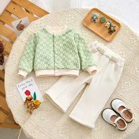 2 Pieces Set Baby Kid Girls Flower Print Cardigan And Solid Color Pants Wholesale 231019196