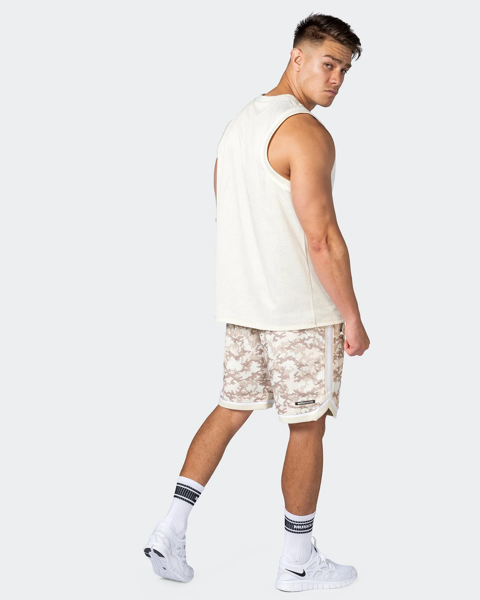 8 Basketball Shorts - Beige Camo Print