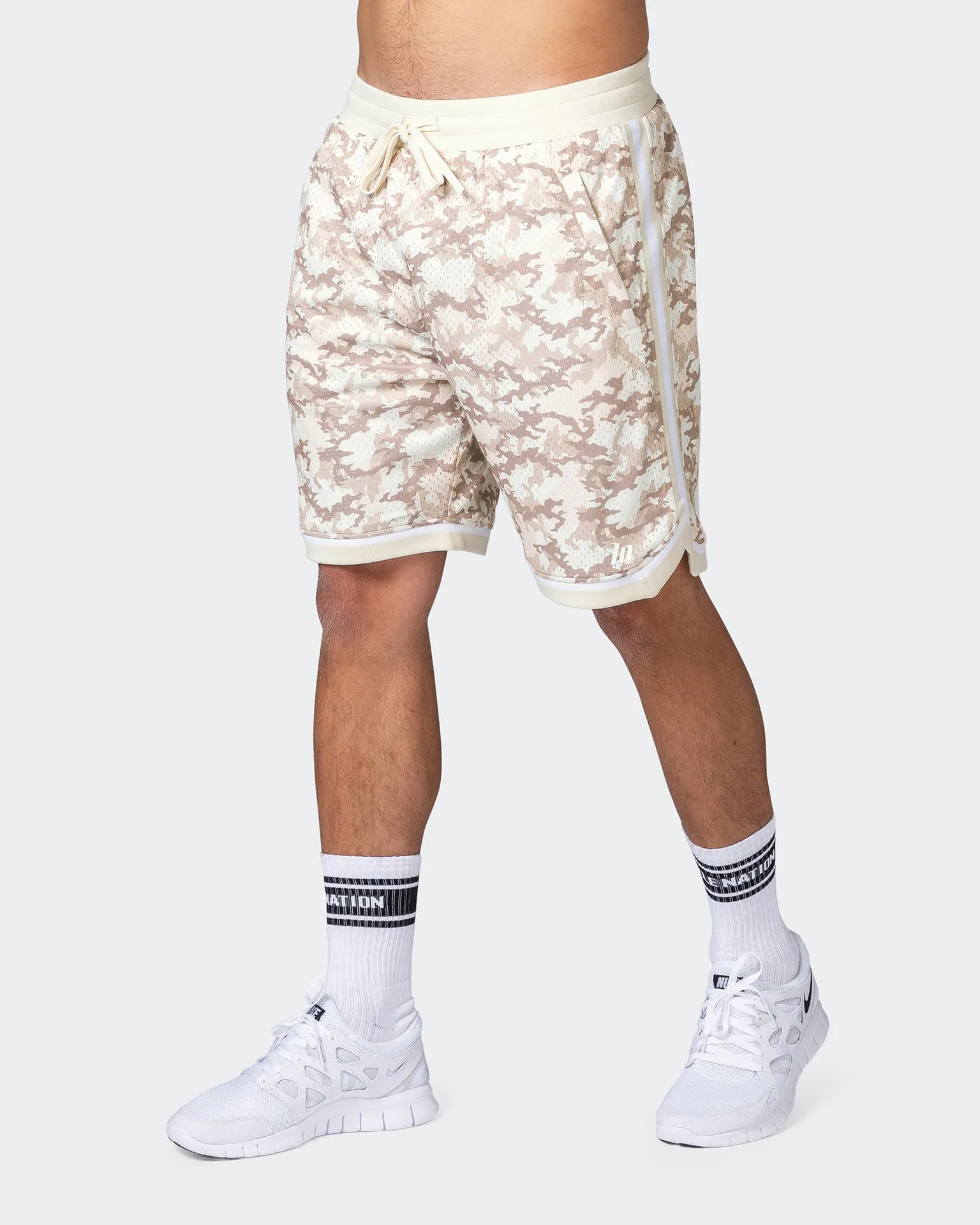 8 Basketball Shorts - Beige Camo Print