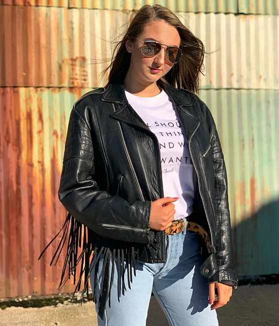 ‘Buy me a whiskey’ tassel vintage leather biker jacket