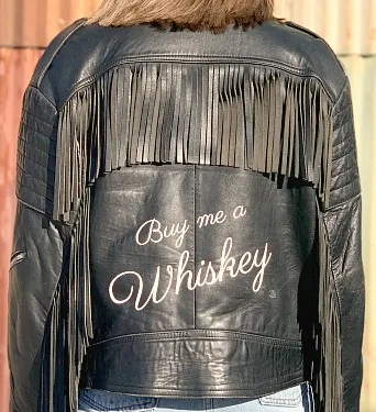 ‘Buy me a whiskey’ tassel vintage leather biker jacket