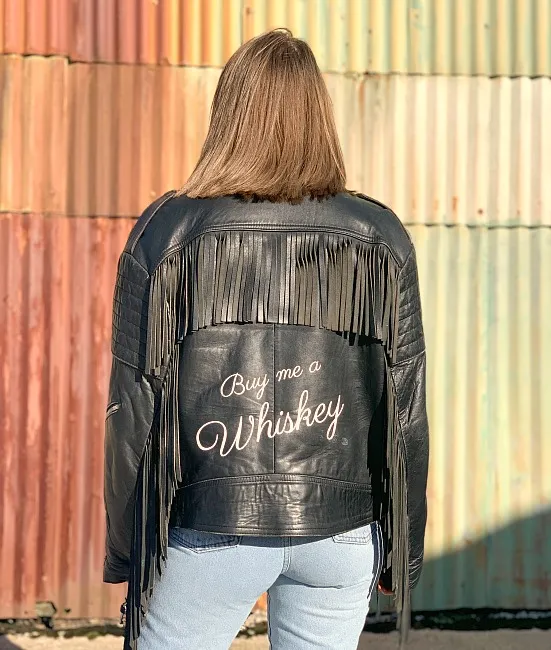 ‘Buy me a whiskey’ tassel vintage leather biker jacket