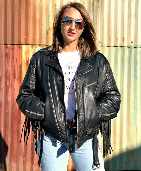 ‘Buy me a whiskey’ tassel vintage leather biker jacket