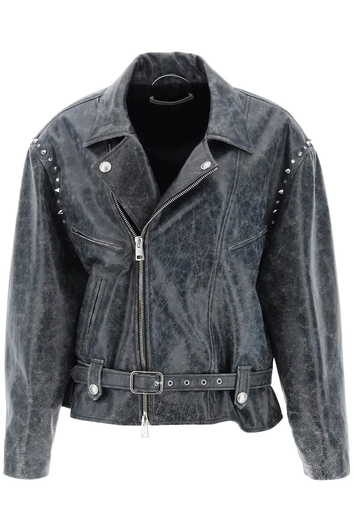 Alessandra Rich Oversized Leather Jacket With Studs And Crystals   Grey