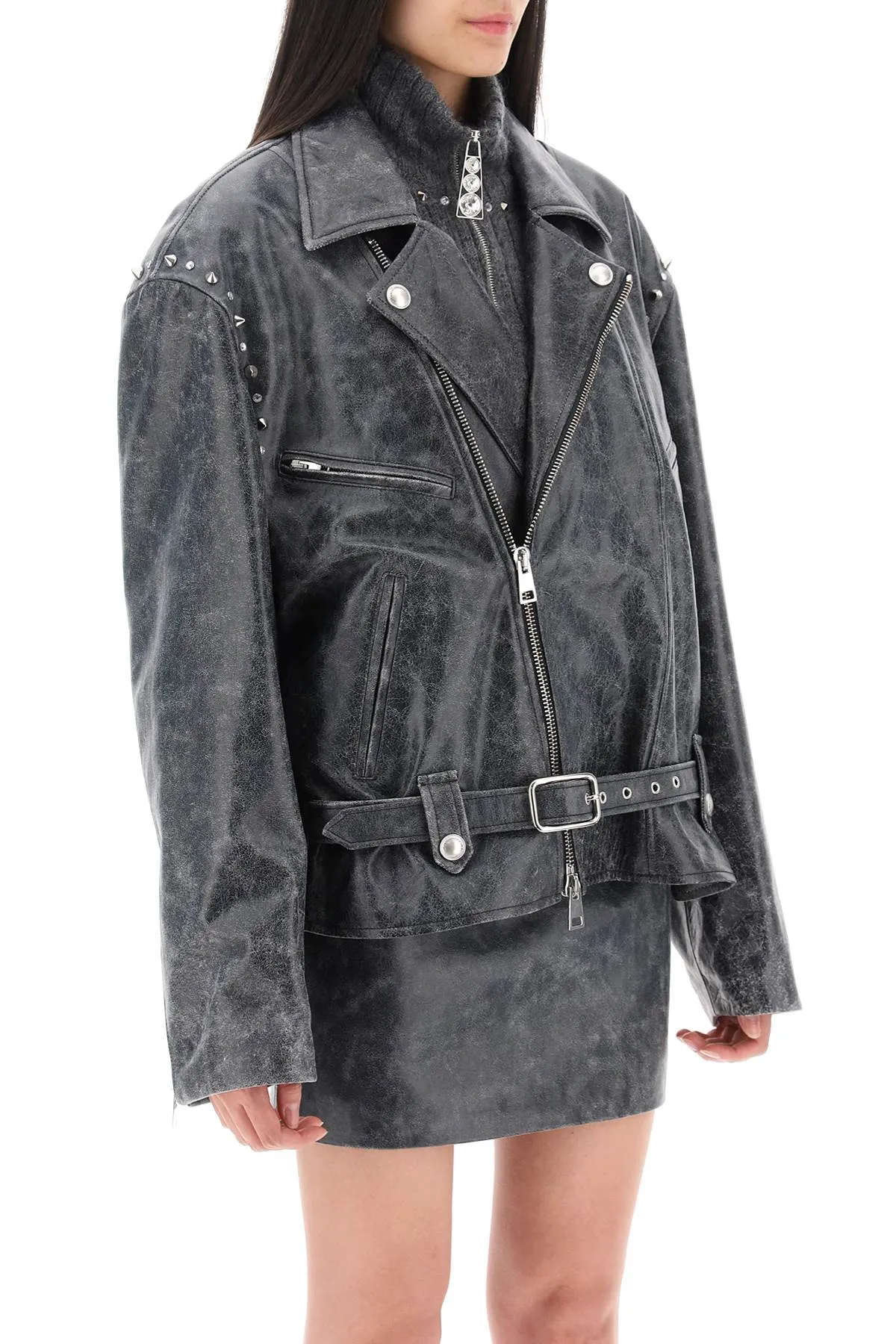 Alessandra Rich Oversized Leather Jacket With Studs And Crystals   Grey