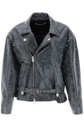 Alessandra Rich Oversized Leather Jacket With Studs And Crystals   Grey