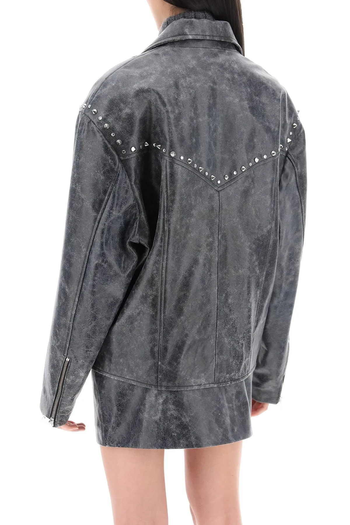 Alessandra Rich Oversized Leather Jacket With Studs And Crystals   Grey