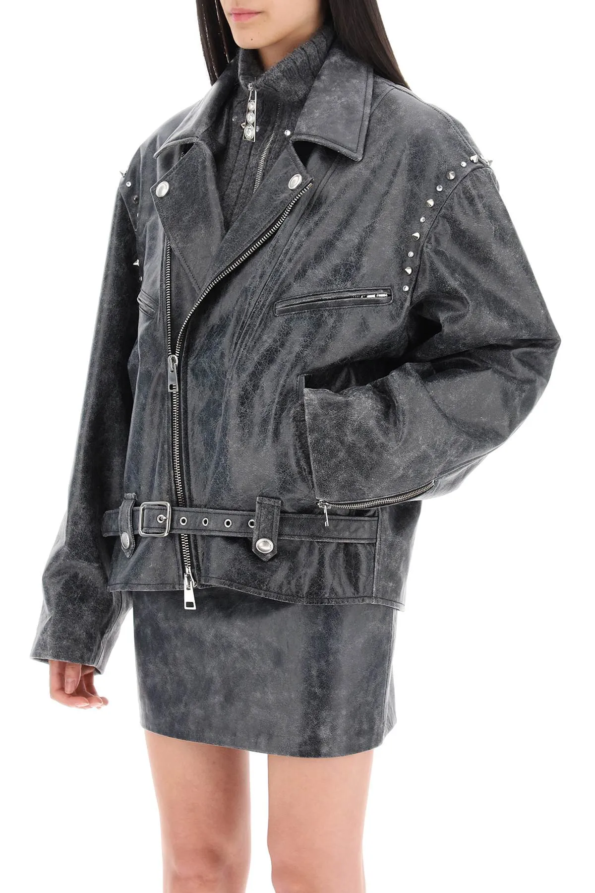 Alessandra Rich Oversized Leather Jacket With Studs And Crystals   Grey