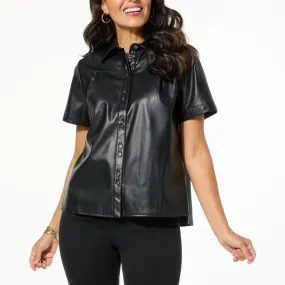      As Is DG2 by Diane Gilman Faux Leather Short-Sleeve Button-Up Jacket     