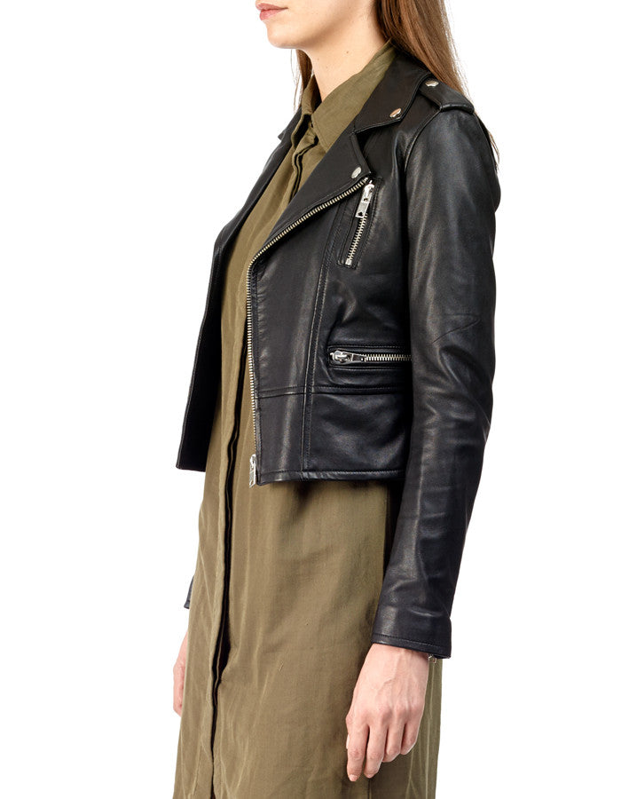 BIRDY - Cropped Leather Biker Jacket