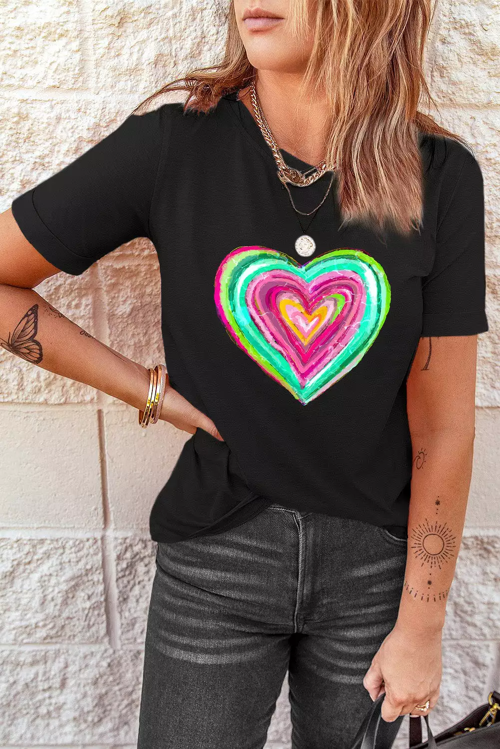 Black Valentine Heart Print Crew Neck Graphic Tee