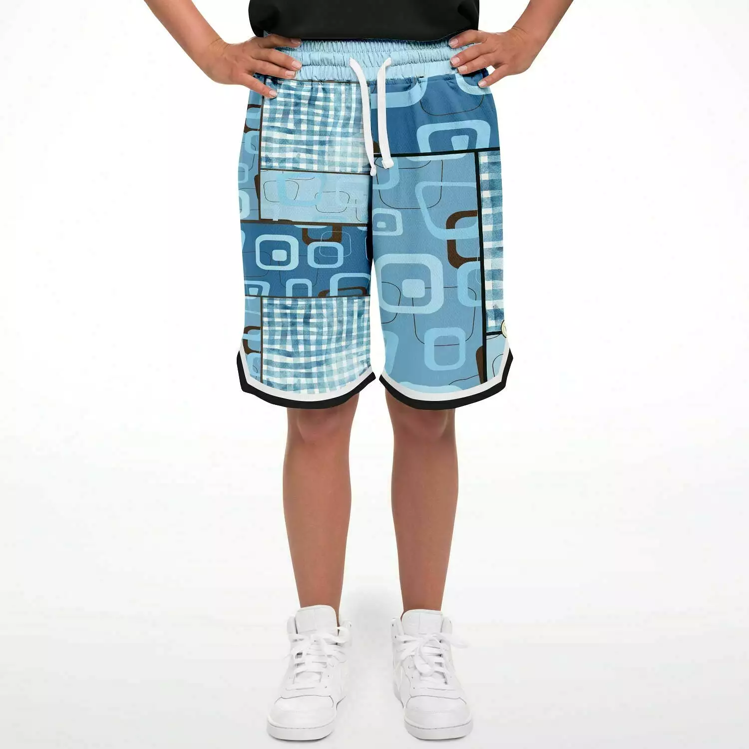 Blue Geo Patchwork Plaid Basketball Shorts