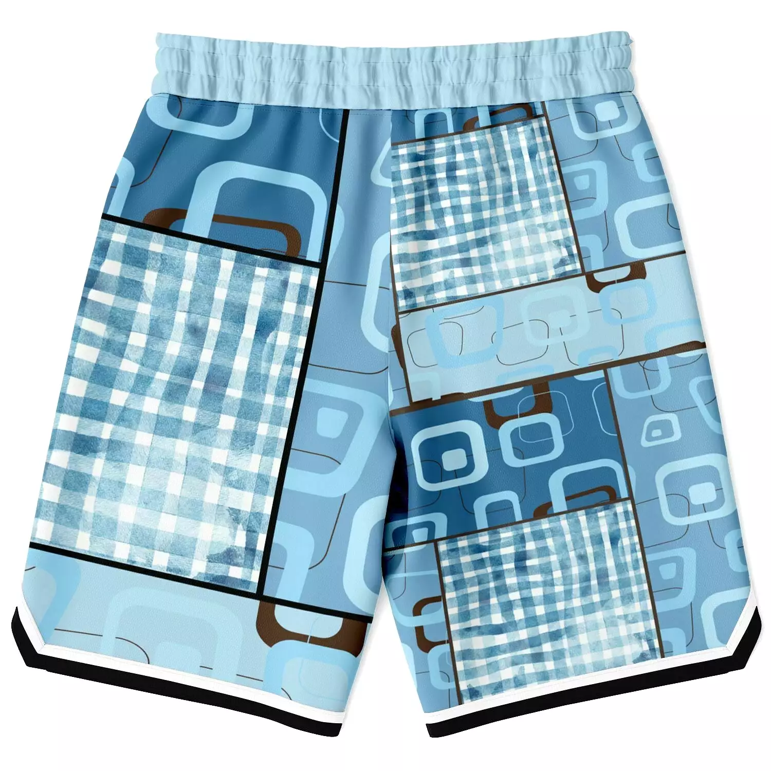 Blue Geo Patchwork Plaid Basketball Shorts