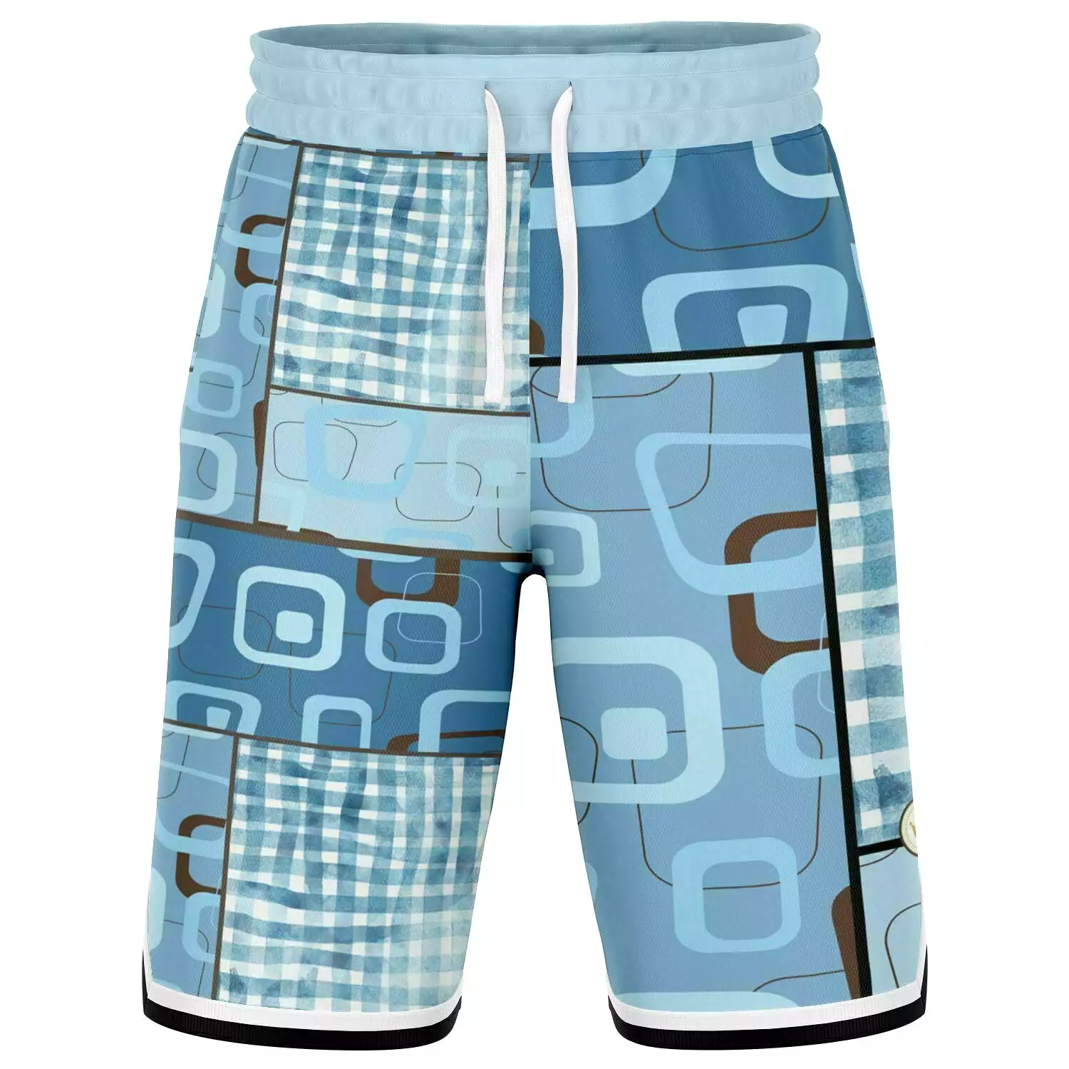 Blue Geo Patchwork Plaid Basketball Shorts