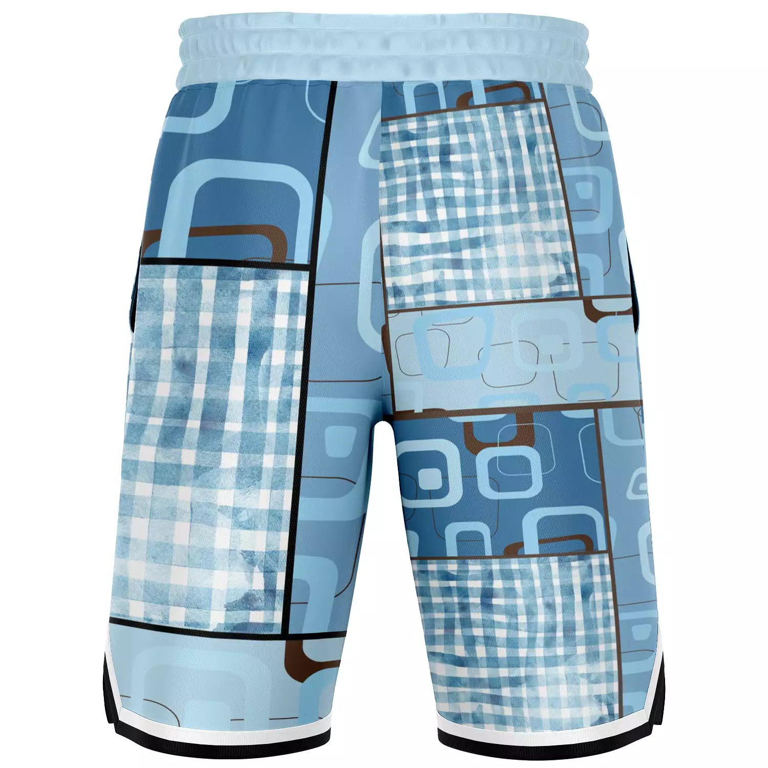 Blue Geo Patchwork Plaid Basketball Shorts