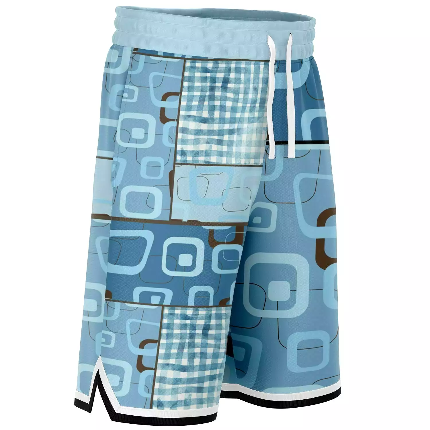 Blue Geo Patchwork Plaid Basketball Shorts