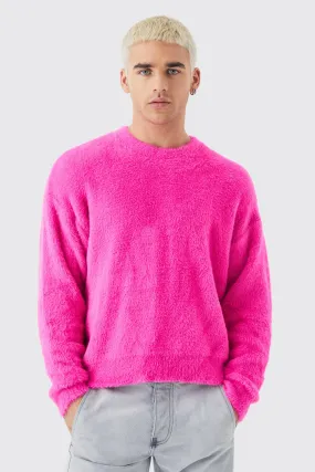 Boxy Crew Neck Fluffy Knitted Sweater