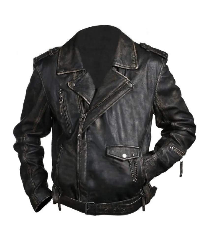 Brando Biker Vintage Cafe Racer Distressed Black Leather Jacket - AF-009