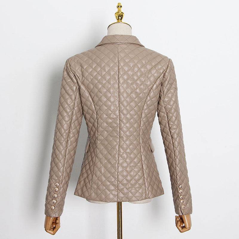 Brown Plaid Pattern Pu Leather Jacket Blazer