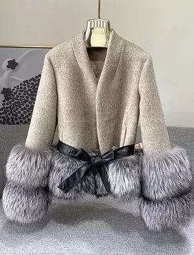 Cashmere Jacket with Dusty Black Fox Fur Trim Leather Waist Tie