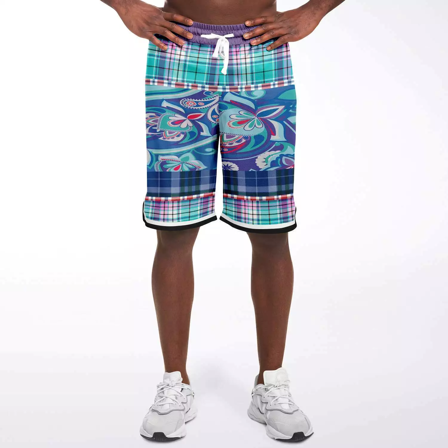 Cerulean Plaid Paisley Basketball Shorts