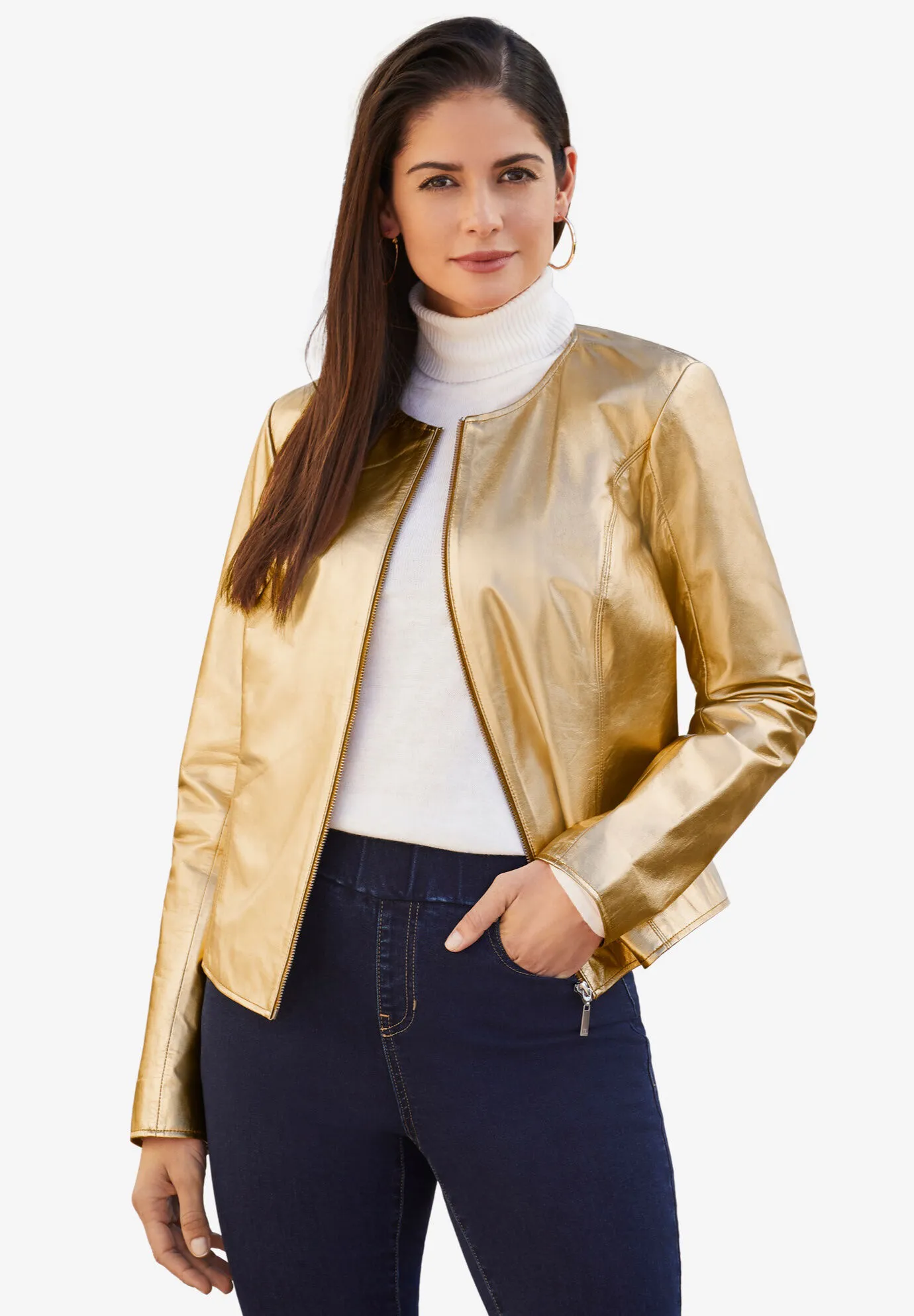 Collarless Leather Jacket