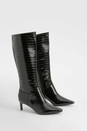 Croc Low Heel Pointed Knee High Boots