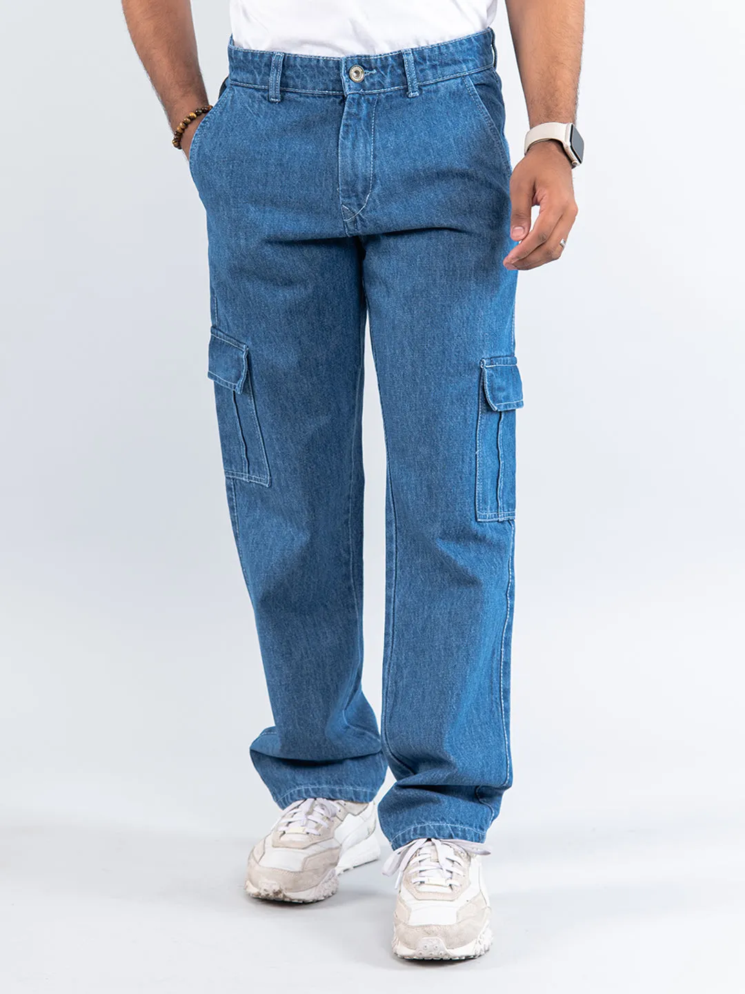 Dark Blue Straight Fit Cargo Denim Jeans