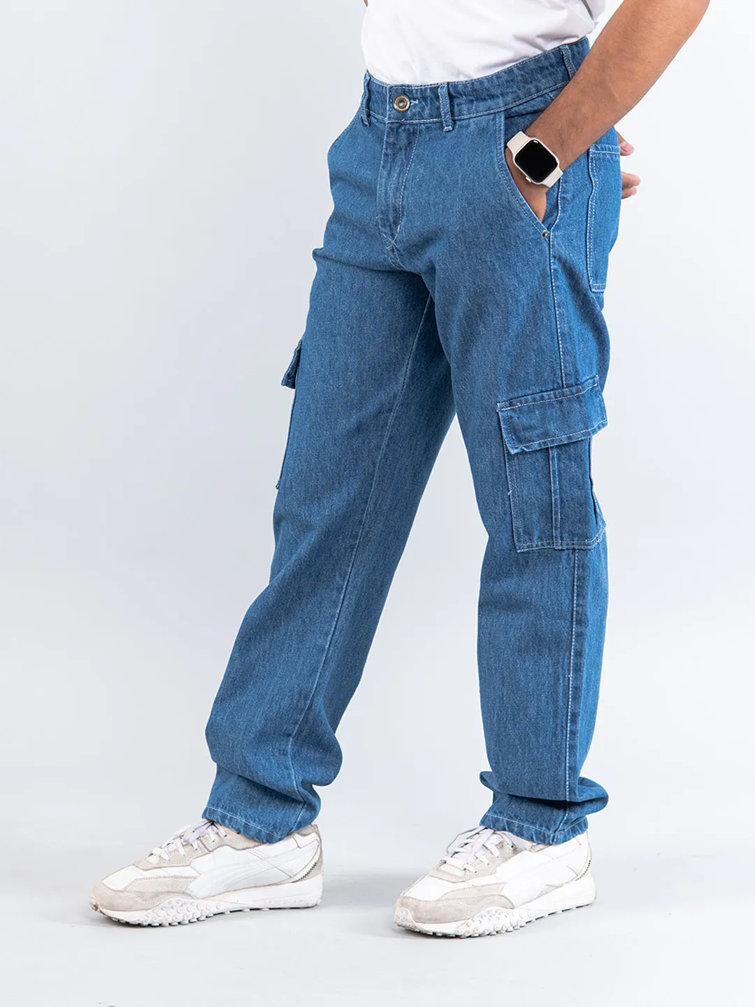 Dark Blue Straight Fit Cargo Denim Jeans