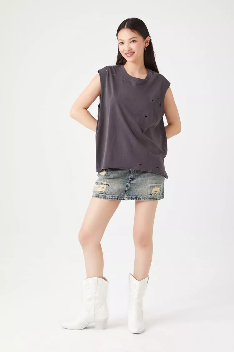 Distressed Crew Neck Muscle Tee