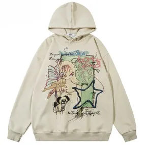 Fairy Star Ivory Cartoon Graffiti Graphic Pullover Hoodie