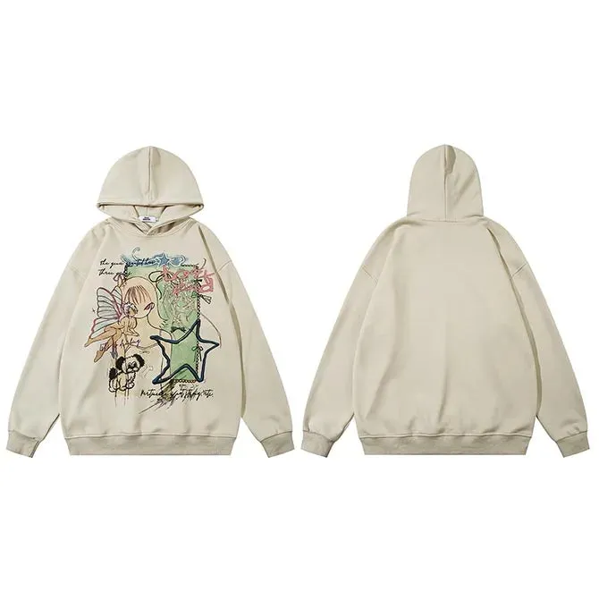 Fairy Star Ivory Cartoon Graffiti Graphic Pullover Hoodie