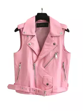 Fashion Leather Vest Womens Sleeveless Leather jacket Turn-Down Collar Pockets  PU vestm