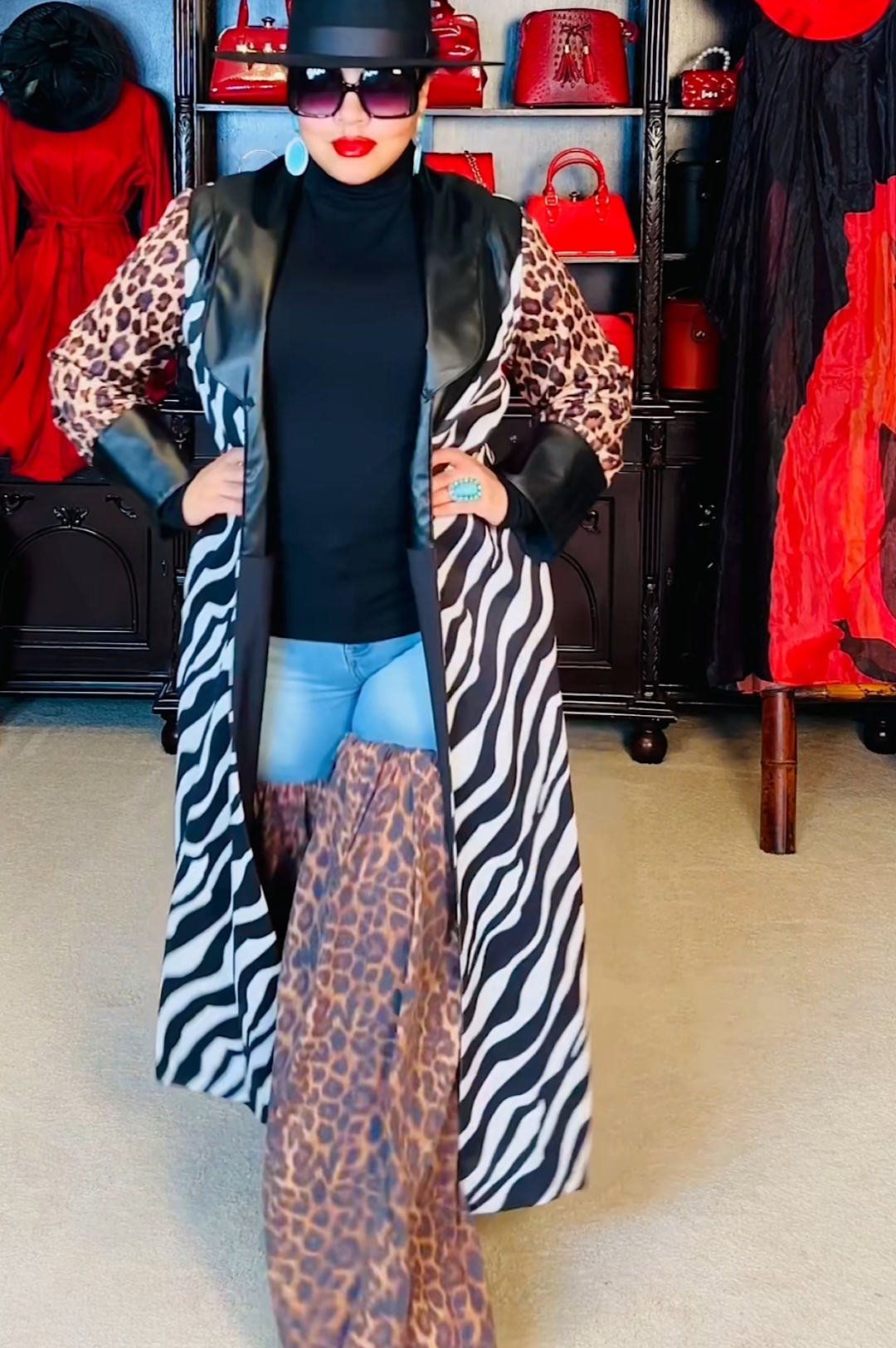 Faux Leather Animal Print Duster Jacket