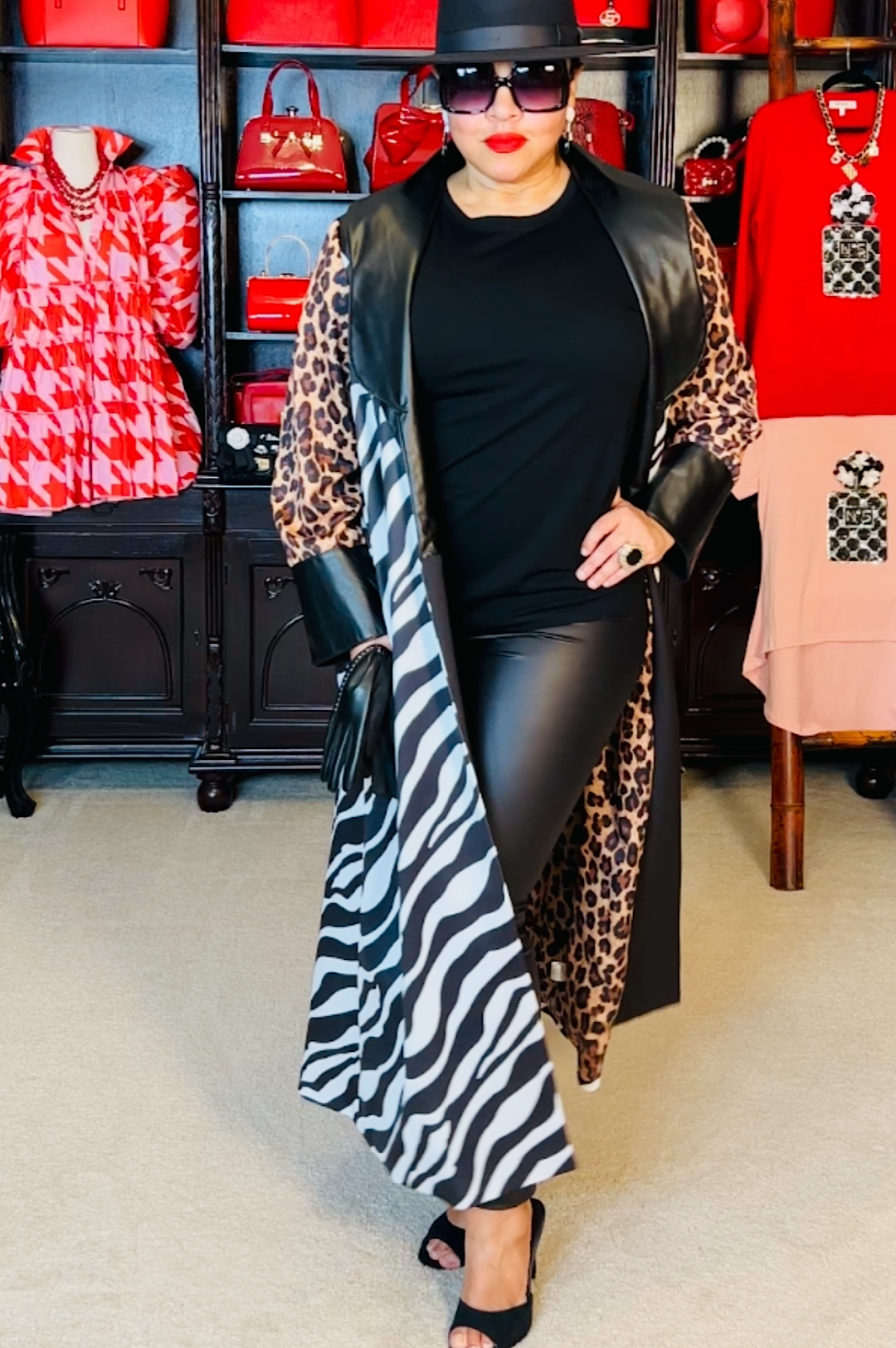 Faux Leather Animal Print Duster Jacket