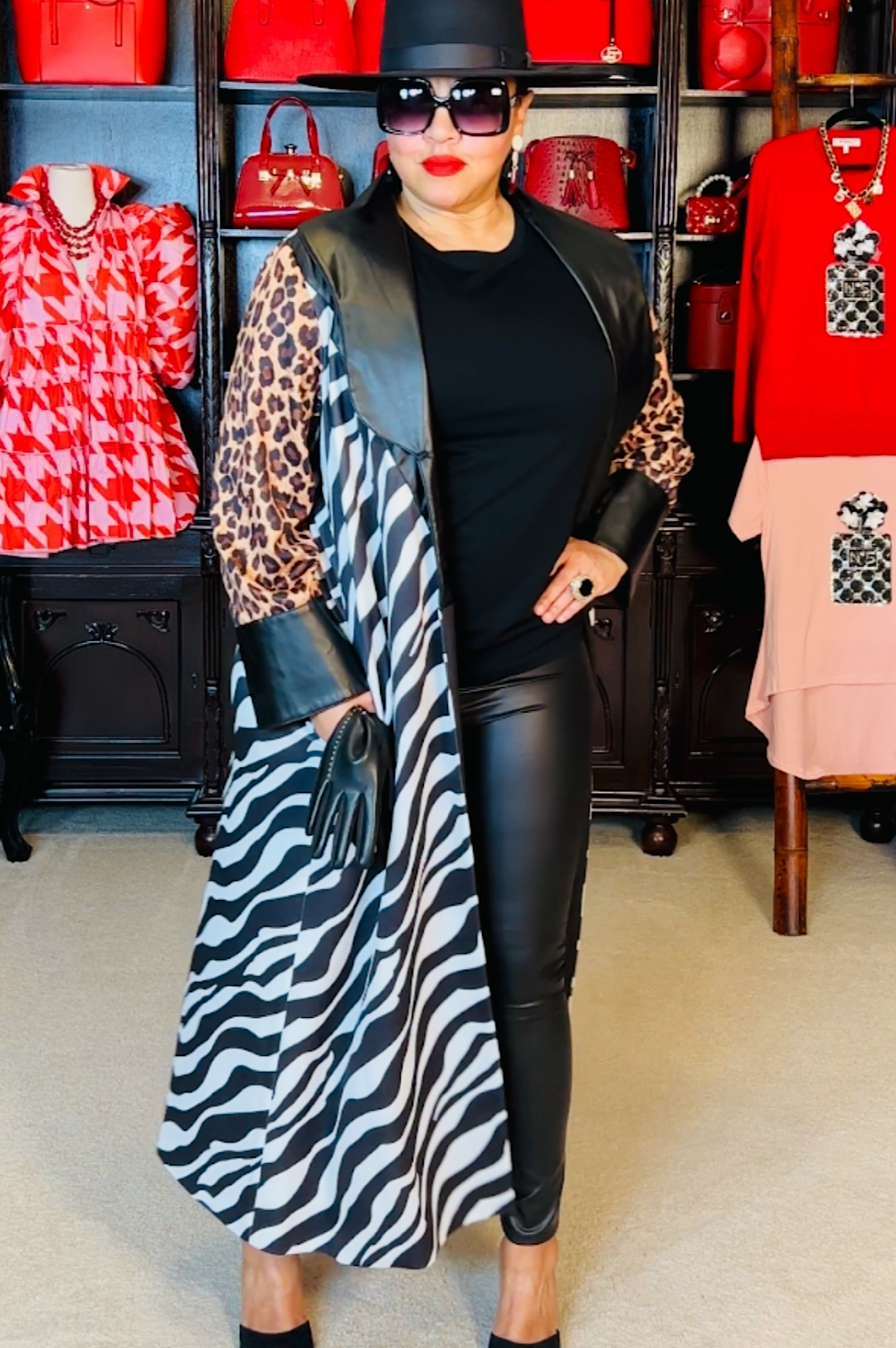 Faux Leather Animal Print Duster Jacket