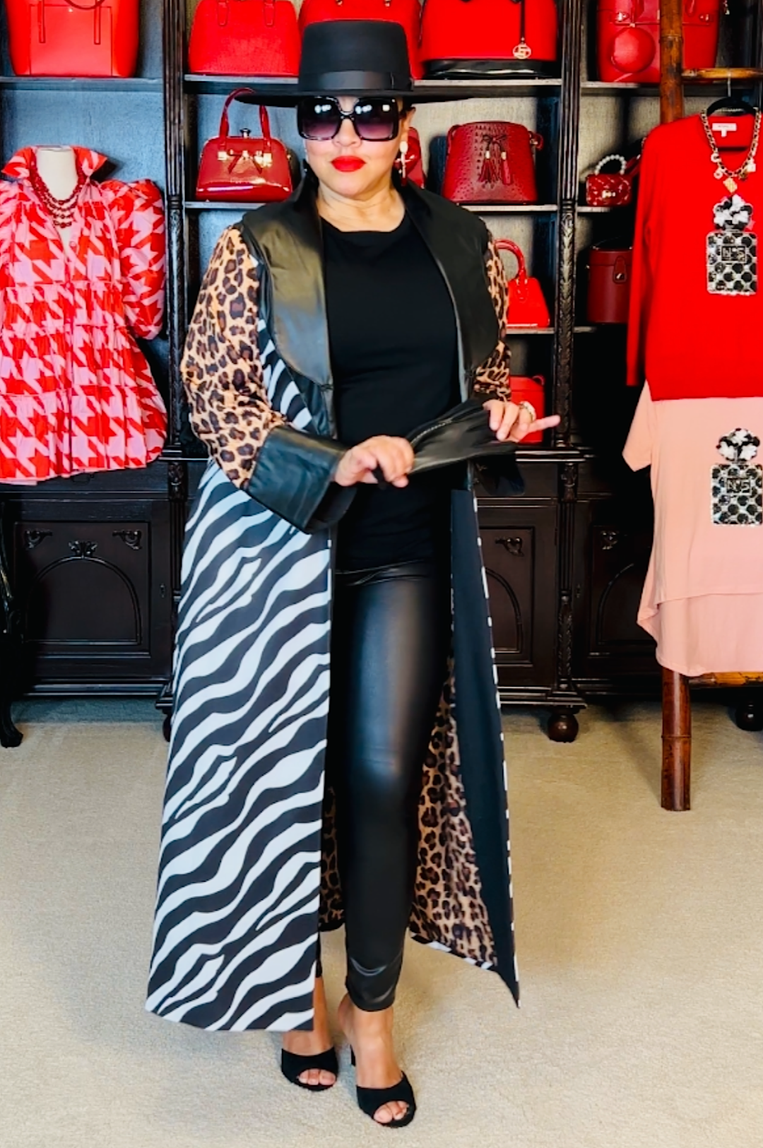 Faux Leather Animal Print Duster Jacket