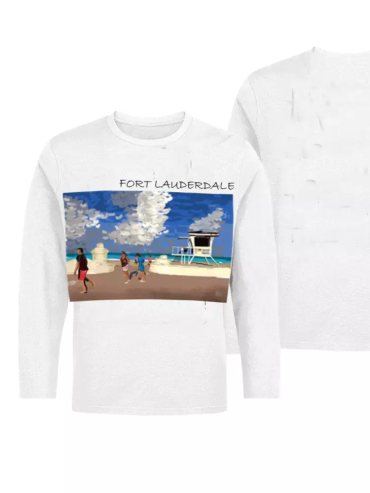 Fort Lauderdale-FL, USA Ashore Travel Shirts-  Series No. 2330010 Artist Handpaint Long Sleeve Shirt EU Size 100% Cotton  High Q