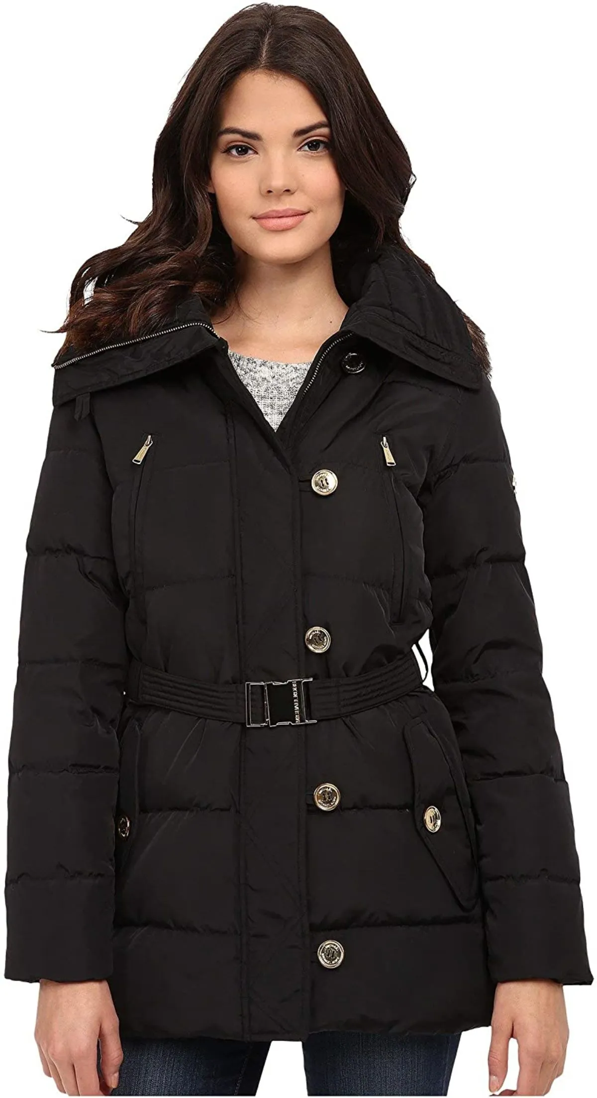 Fur Trim Hooded Down Coat - Black