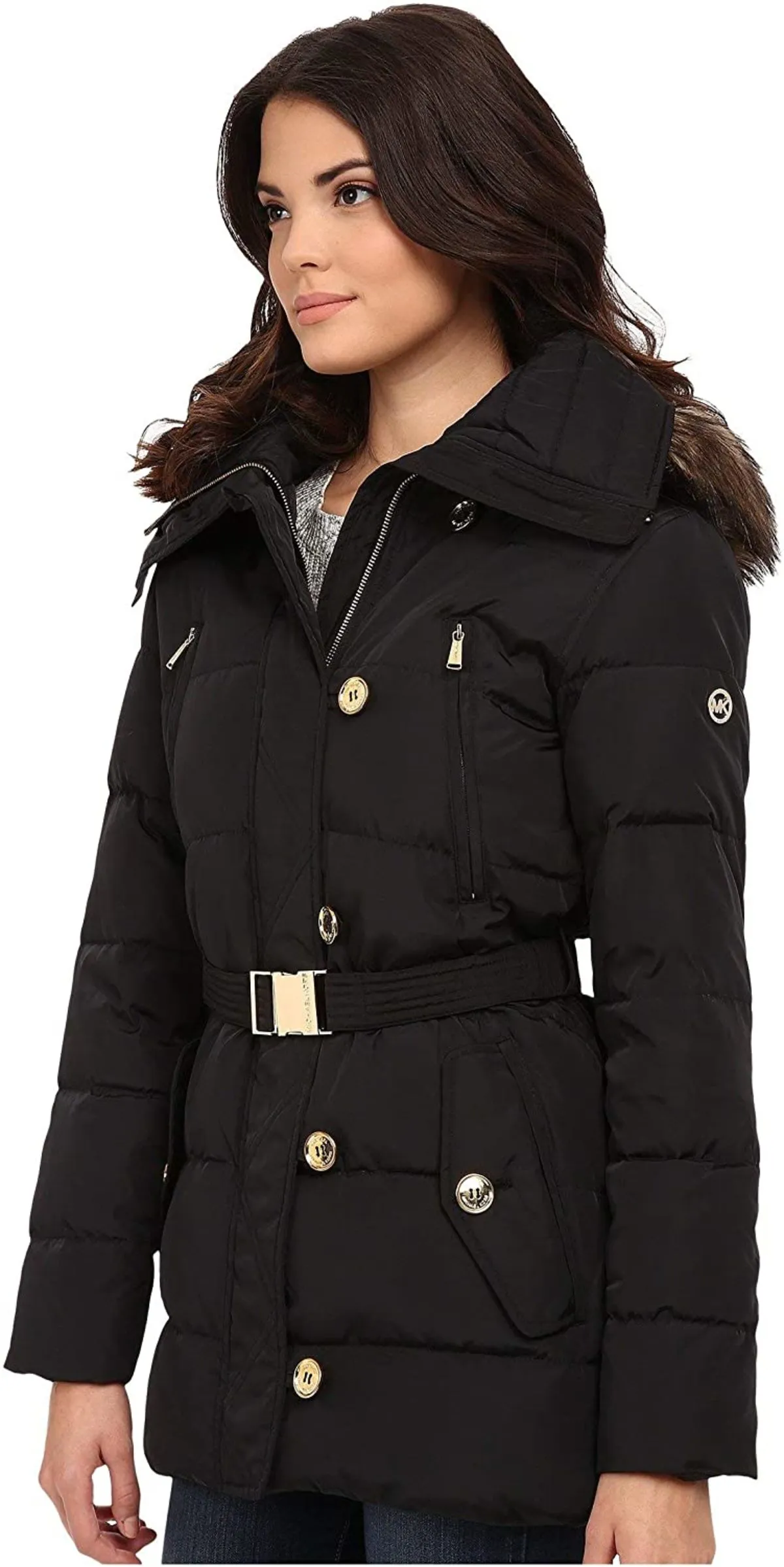 Fur Trim Hooded Down Coat - Black