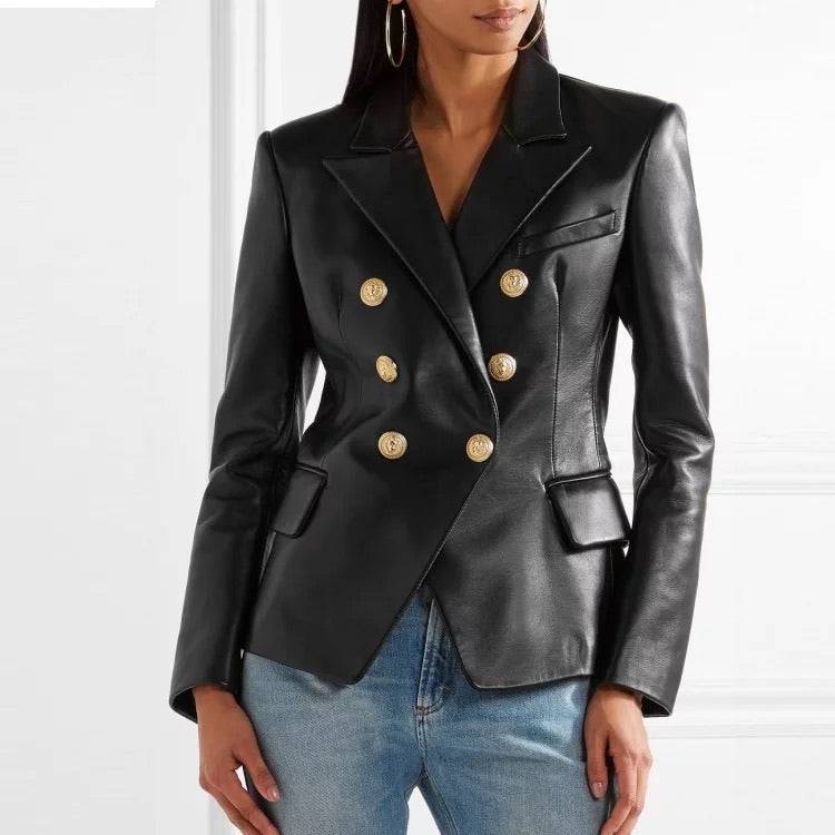 Lambskin Leather Gold Trimmed Blazer Jacket