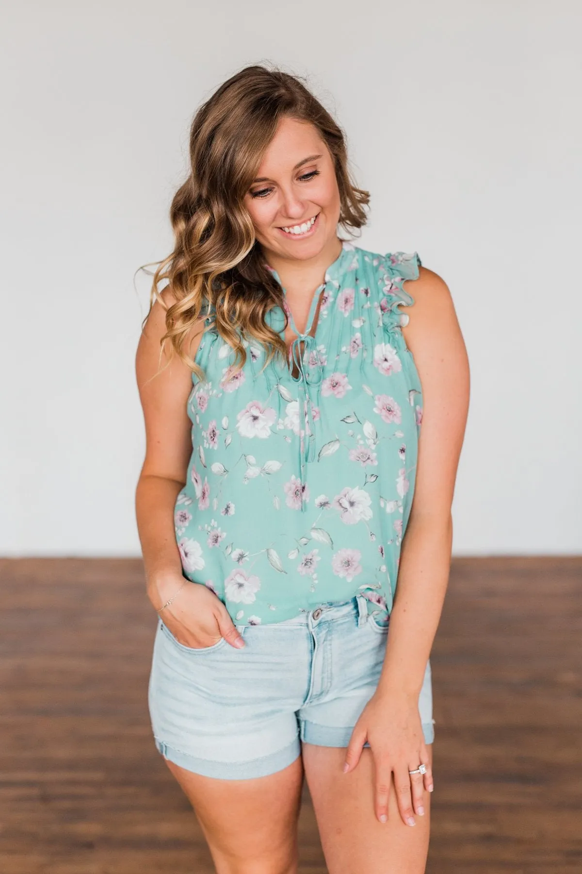 Lead My Heart Home Floral Ruffle Blouse- Soft Teal