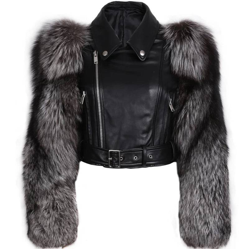 Leather Biker Jacket With Fluffy Fur Sleeves