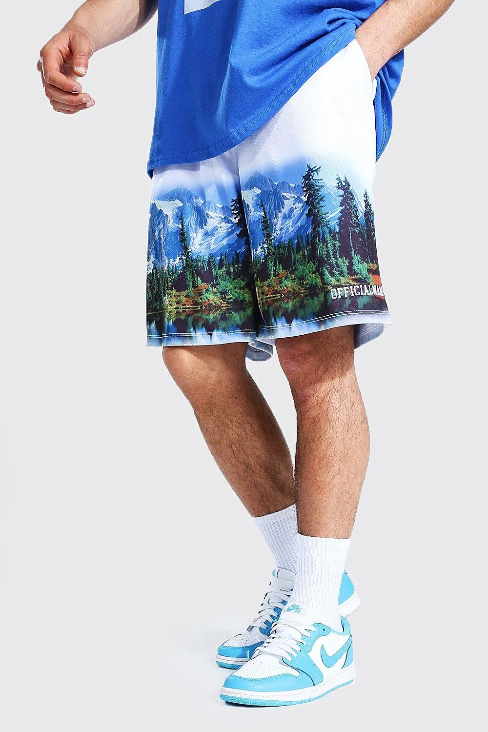 Loose Fit Mesh Scenic Print Basketball Shorts | boohooMAN UK