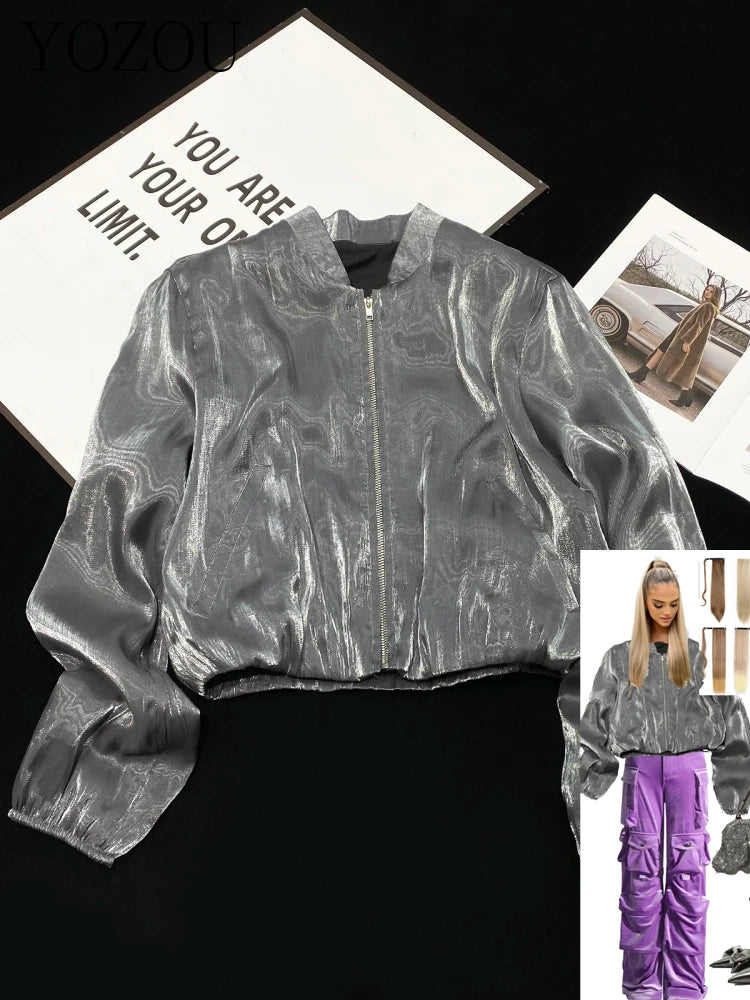 Luxury Spring Shiny Silver Silk Satin Bomber Jacket Zipper Coat Short Baseball Jackets