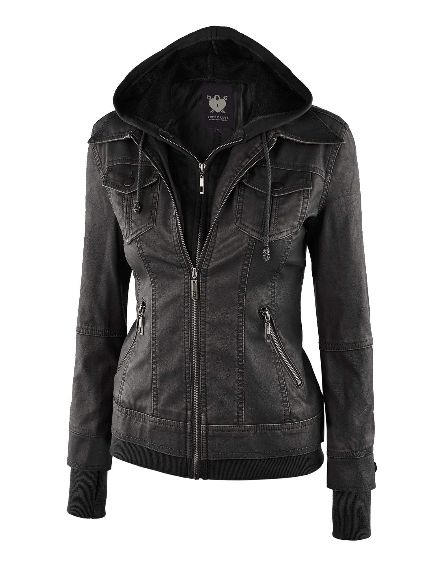 Made By Johnny MBJ Womens Faux Leather Motorcycle Jacket with Hoodie