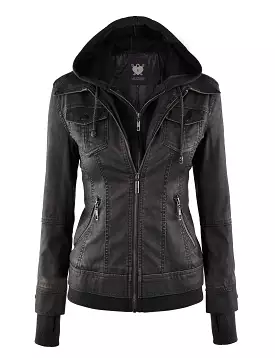 Made By Johnny MBJ Womens Faux Leather Motorcycle Jacket with Hoodie