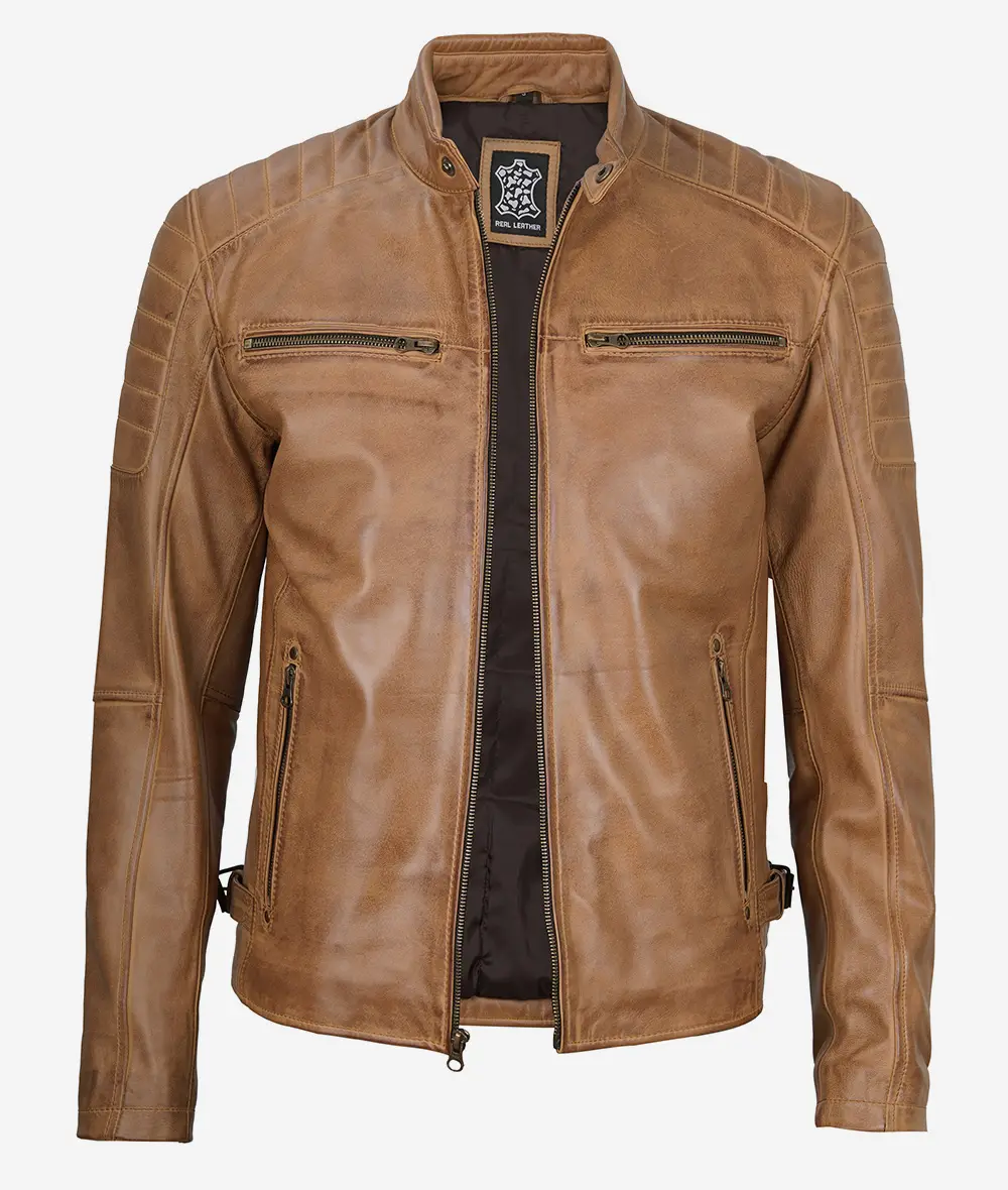 Mens Camel Brown Cafe Racer Leather Jacket