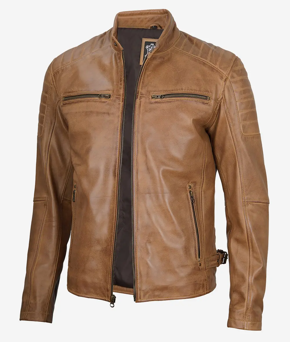 Mens Camel Brown Cafe Racer Leather Jacket